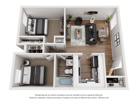 A 3D floor plan of a small apartment with a living room, kitchen, and bedroom.